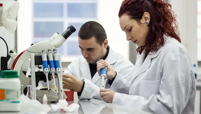 Two scientists in a lab both working with pipettes