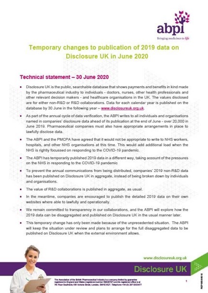 Temporary changes to publication of 2019 disclosure data